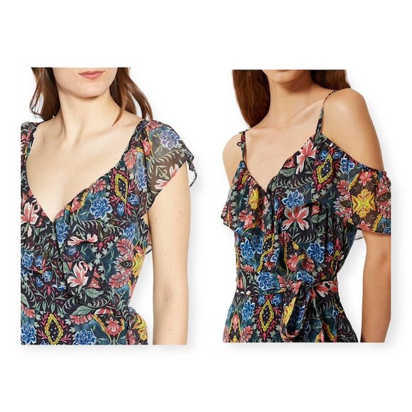 Rebecca Minkoff Jessica Ruffle Floral Midi Wrap Dress S Black Multicolor NWT - Picture 3 of 16